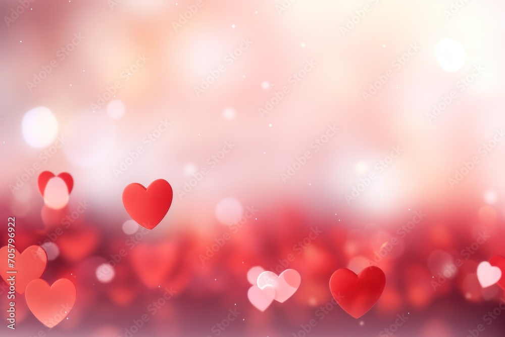  a group of red hearts floating in the air on a blurry red and white background with a boke of light coming from the left side of the image.