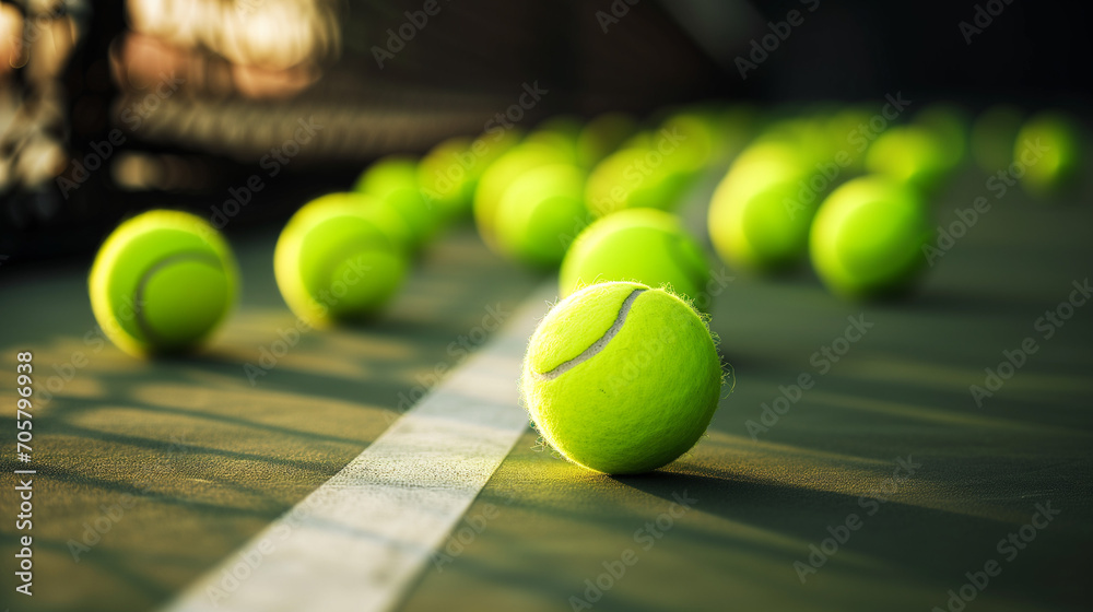 tennis ball on court, horizontal. lots of tennis balls, sports illustrated. activity, fitness.