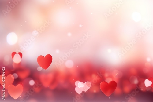  a group of red hearts floating in the air on a blurry red and white background with a boke of light coming from the left side of the image.