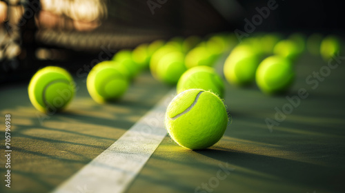 tennis ball on court, horizontal. lots of tennis balls, sports illustrated. activity, fitness.