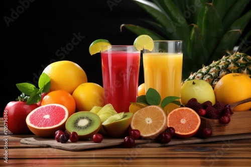  a table topped with a glass of juice next to a pile of fruit and a pile of pineapples on top of a wooden table next to a pineapple.