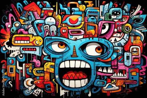  a drawing of a face surrounded by lots of different types of technology and gadgets on a black background with a caption in the middle of the image below.