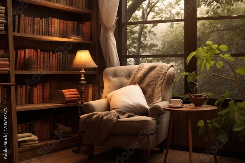 Cozy home interior with armchair, bookshelf and coffee cup, Escape to a bookworm's paradise with a cozy reading corner, complete with an armchair, a table piled with books, and, AI Generated © Iftikhar alam