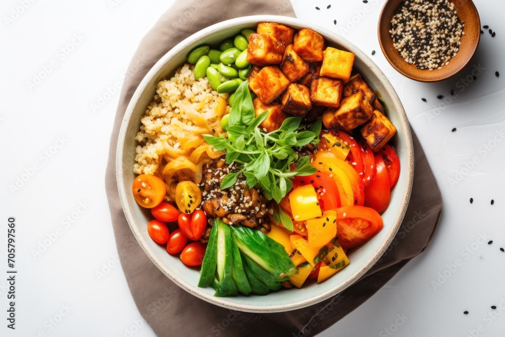 a bowl filled with vegetables and rice next to a small bowl of sesame seed sprinkles and a small bowl of sesame seed sprinkles on the side. a bowl filled with vegetables and rice next to a small bowl of sesame seed sprinkles and a small bowl of sesame seed sprinkles on the side.