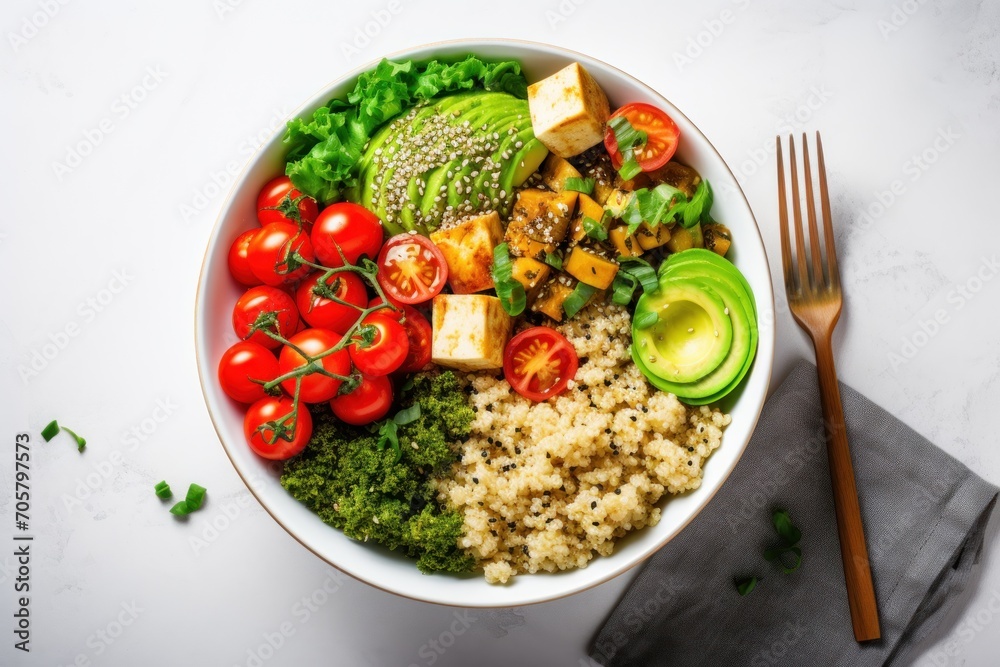 a white bowl filled with rice, tomatoes, avocado, tofu, broccoli, cucumber, and other vegetables next to a fork. a white bowl filled with rice, tomatoes, avocado, tofu, broccoli, cucumber, and other vegetables next to a fork.