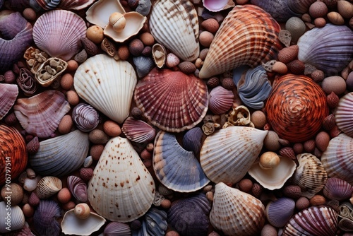 Variety of seashells and pebbles background, top view, Experience rich textures with macro photography, showcasing intricate patterns of bark, fabric, and seashells, AI Generated