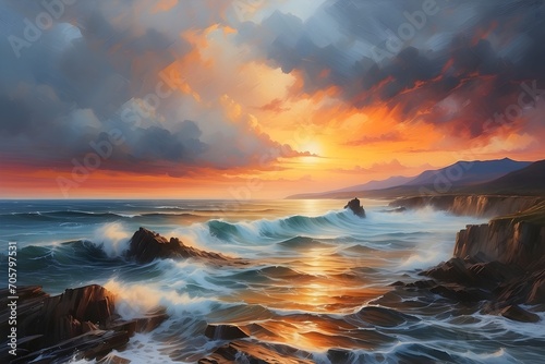 Oil painting with brush strokes and texture. Sunset over the sea.