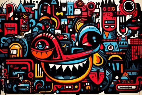  a painting of a face surrounded by a lot of different types of shapes and sizes of things that are in the shape of a monster s mouth and teeth.