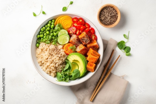  a bowl of rice, peas, carrots, avocado, and other vegetables with chopsticks next to a bowl of rice and a wooden spoon.