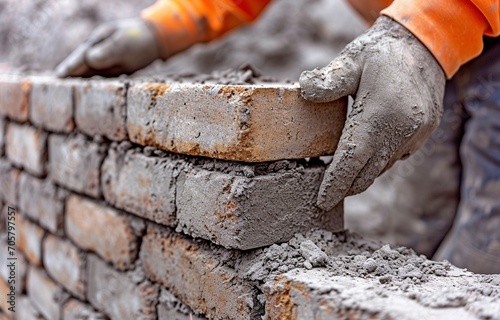 An experienced builder installing bricks. Workers laying brick masonry on an external wall are bricklayers.