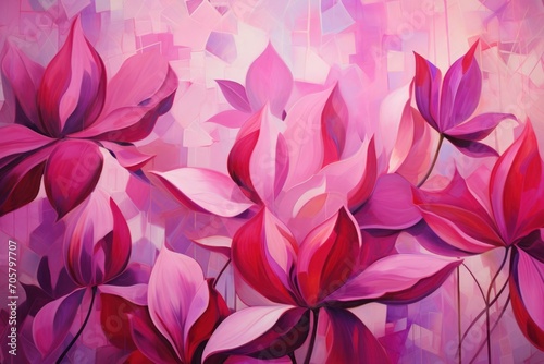  a painting of pink flowers on a purple and pink background, with a pink and red design on the bottom of the painting and bottom half of the painting, and bottom half of the painting.