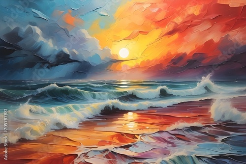 Oil painting with brush strokes and texture. Sunset over the sea. © Jolie