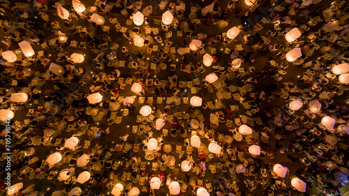 Quadro su tela Aerial view floating lantern YeePeng Firework Festival in Chiangmai, Chiang Mai festival in Thailand, Traditional festival Yi Peng Lantern, Thailand