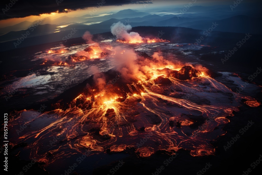 an aerial view of a volcano erupts lava and steam as it erupts into the air in the foreground, with mountains and clouds in the background. an aerial view of a volcano erupts lava and steam as it erupts into the air in the foreground, with mountains and clouds in the background.
