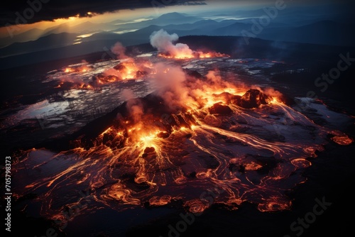  an aerial view of a volcano erupts lava and steam as it erupts into the air in the foreground, with mountains and clouds in the background.