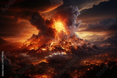  a volcano erupts lava as it erupts into the air in a dark  cloudy sky above a city on a mountain range of land covered in flames.