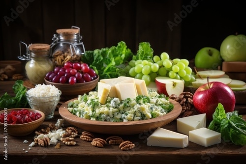  a variety of cheeses, fruits, nuts, and nutshells are arranged on a table with apples, grapes, walnuts, grapes, pecans, and cheese.