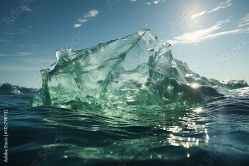  a large iceberg floating on top of a body of water under a blue sky with wispy clouds and sun shining on top of the water and bottom of the ice.