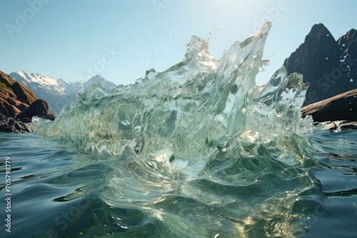  a large body of water with rocks in the background and a mountain range in the distance with water splashing from the top of the water to the bottom of the water.
