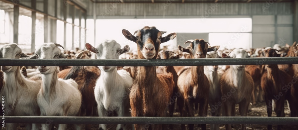 Herd of goats in a pen on a modern farm - obrazy, fototapety, plakaty 