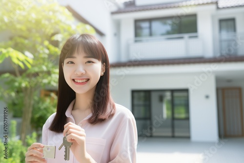 Young Asian woman happily poses with the keys to her new house. House loan approval concept