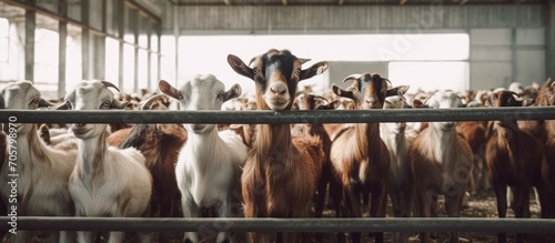 Herd of goats in a pen on a modern farm photo