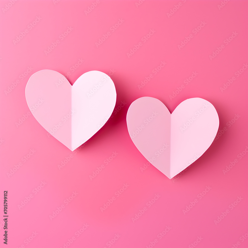 Two pink paper hearts on a pink background 