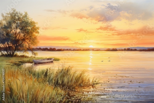  a painting of a sunset over a lake with a boat in the foreground and ducks in the water on the other side of the lake  and trees in the background.