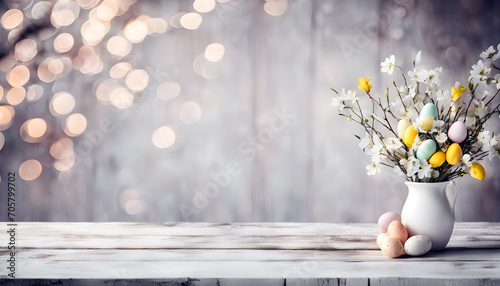 Beautiful Easter background with an empty white wooden table.