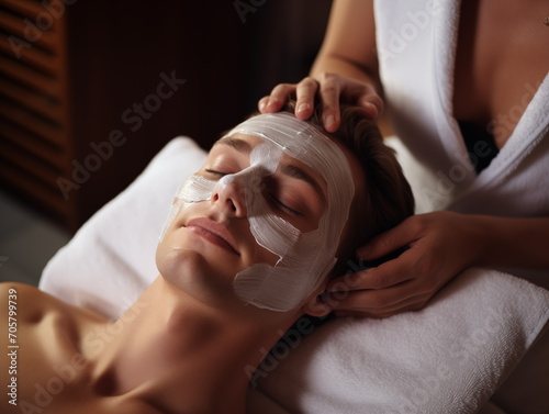 Facial skin care procedures in a beauty. Beauty treatment, scrup, applies mask, man, Generated AI