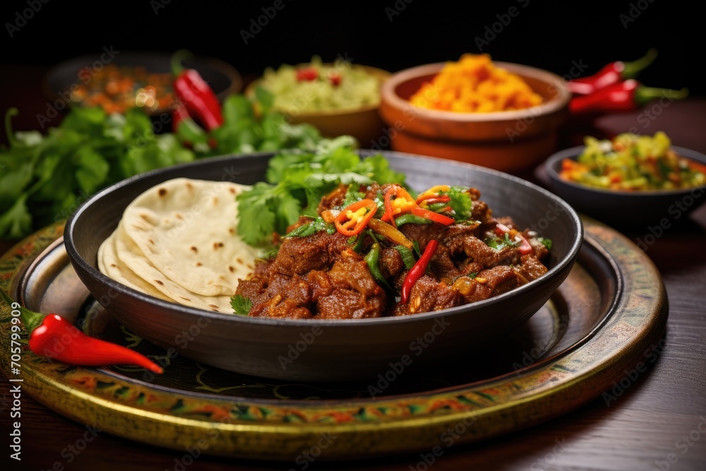 spicy beef with vegetables and tortilla on a table in a restaurant, Experience the thrilling fusion of global flavors with a spicy dish combining Thai and Mexican culinary traditions, AI Generated spicy beef with vegetables and tortilla on a table in a restaurant, Experience the thrilling fusion of global flavors with a spicy dish combining Thai and Mexican culinary traditions, AI Generated