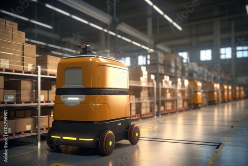3d render of orange robot in warehouse. Logistics and transportation concept, Experience the future of automated warehousing and fulfillment, AI Generated