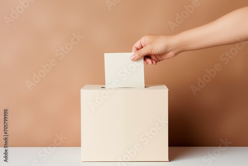 The hand drops a piece of paper into the ballot box - the concept of election day. Making a political choice by voting for a candidate at a polling station is a civic responsibility. photo