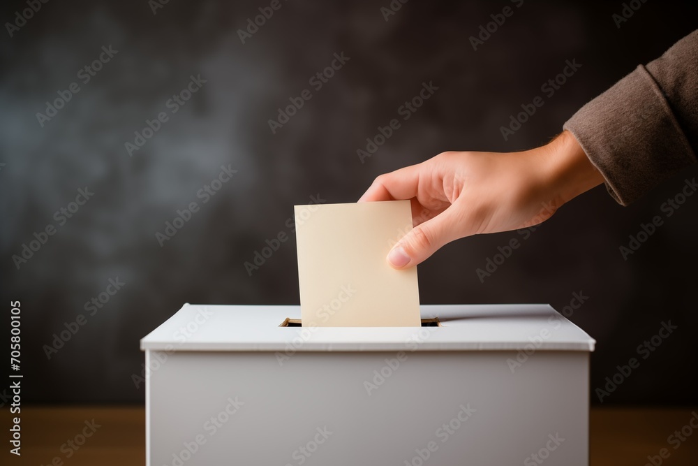 The hand drops a piece of paper into the ballot box - the concept of election day. Making a political choice by voting for a candidate at a polling station is a civic responsibility. The hand drops a piece of paper into the ballot box - the concept of election day. Making a political choice by voting for a candidate at a polling station is a civic responsibility.