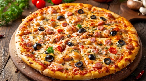 crispy mixed pizza with olives and sausage 