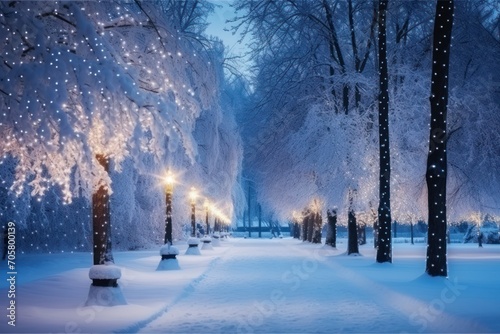  a park covered in snow at night with street lamps and trees covered in snow and snowflakes on the trees and the street lights are lit by street lamps.