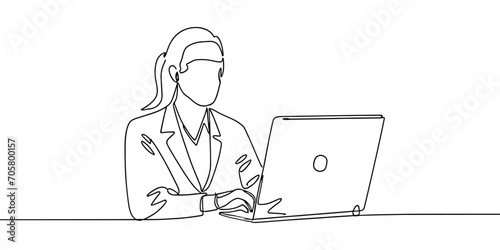 Continuous One Line Drawing of Businesswoman with Laptop, illustration