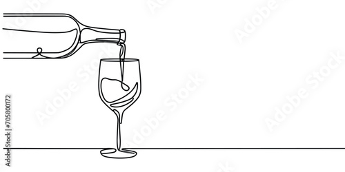 Continuous one line drawing of pouring wine from bottle into glass, illustration