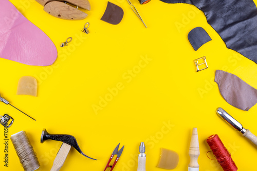 Leather workshop tools on the table. Handbag or shoe manufacturing industry