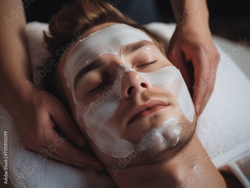 Facial skin care procedures in a beauty. Beauty treatment, scrup, applies mask, man, Generated AI