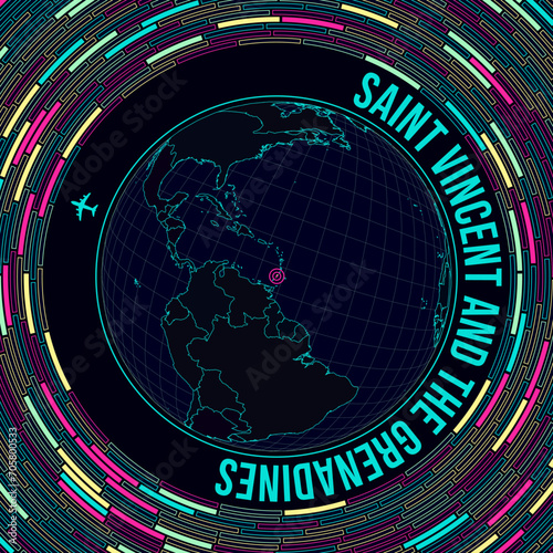 St. Vincent on globe. Satelite view of the world centered to St. Vincent. Bright neon style. Futuristic radial bricks background. Radiant vector illustration. photo