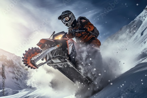 Snowmobile rider in high mountains. Extreme snowmobiling sport, Extreme rider jumping with a snowmobile on the snow, face covered with a helmet, AI Generated