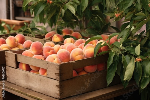  a wooden crate filled with lots of peaches on top of a wooden table next to a bush of green leaves and a bush with red flowers in the background.