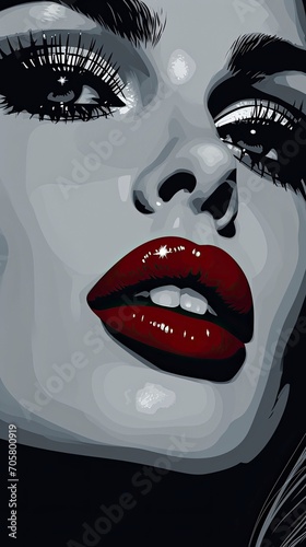 a woman's face in pop art style illustration, in the style of glamorous hollywood portraits, dark gray and light black - generative ai