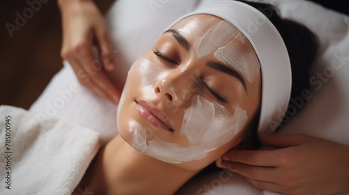Facial skin care procedures in a beauty. Beauty treatment, scrup, applies mask, woman,  Generated AI photo