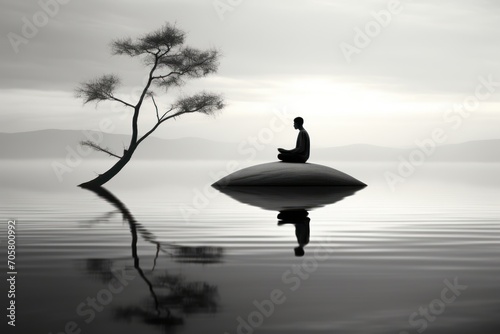  a black and white photo of a person sitting on a rock in the middle of a body of water with a tree in the foreground and mountains in the background.