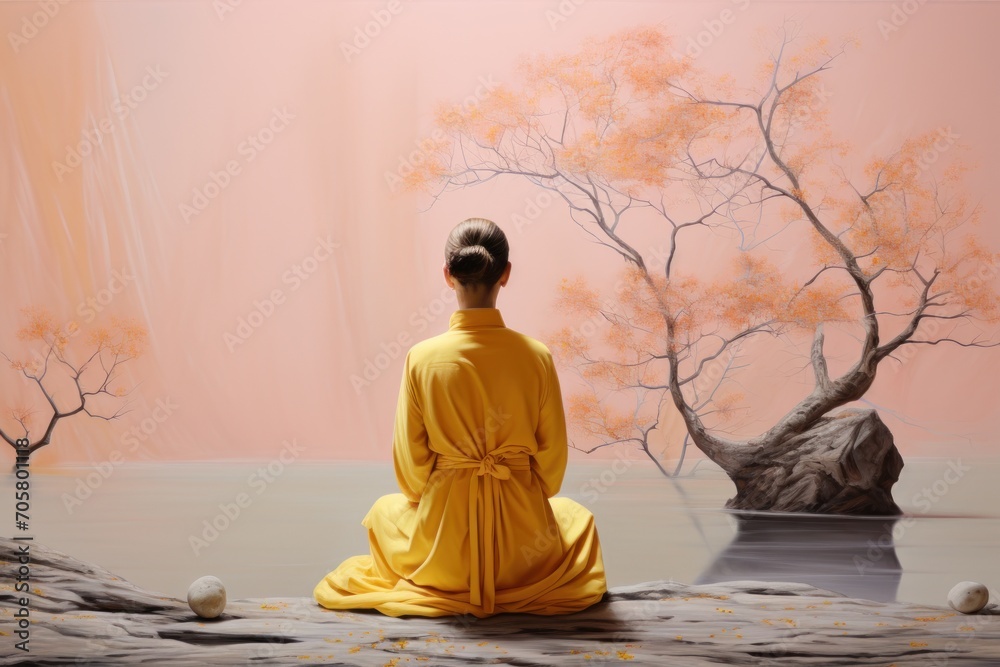 a person sitting on a rock in front of a painting of a tree and a person in a yellow robe sitting on a rock in front of a body of water. a person sitting on a rock in front of a painting of a tree and a person in a yellow robe sitting on a rock in front of a body of water.
