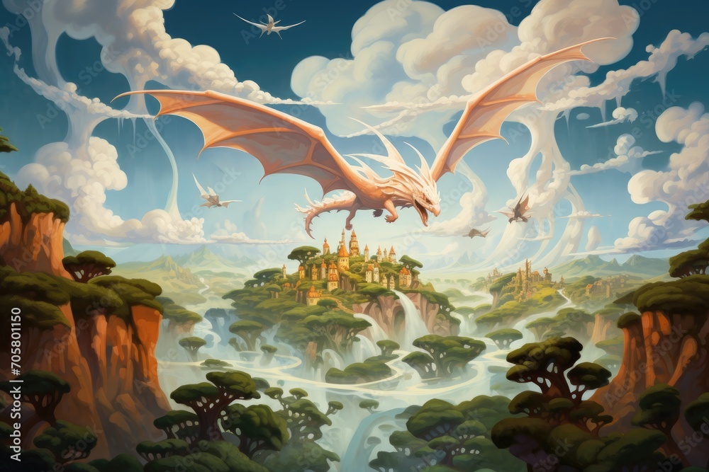 Naklejka premium Fantasy landscape with castle and dragon flying high in the sky, Ethereal, floating islands in the sky surrounded by dragons, AI Generated