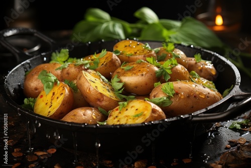  a skillet filled with cooked potatoes and garnished with parsley on a dark surface with a lit candle in the background and green leaves on the side.