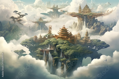 Fantasy landscape with dragon flying in the sky. 3d rendering, Ethereal, floating islands in the sky surrounded by dragons, AI Generated photo